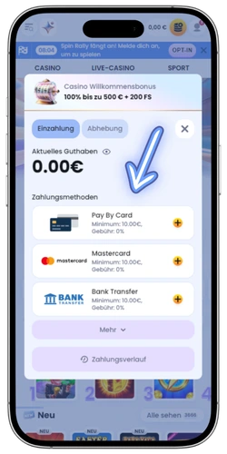 Fishin Frenzy Casino Einzahlungsseite nach der Registrierung