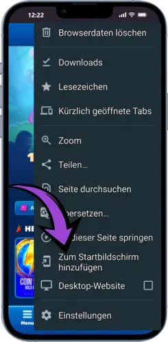 Fishin Frenzy Browser Menü auf Android öffnen
